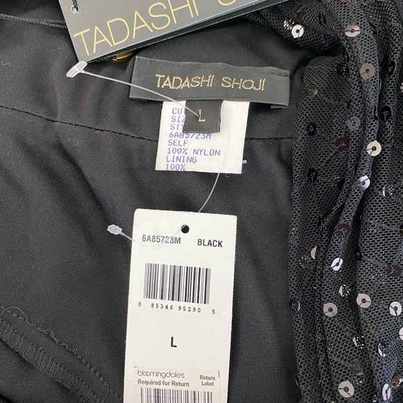 TADASHI SHOJI Black Mesh Sequin One Shoulder Dress size large Holiday New Years - Picture 9 of 10